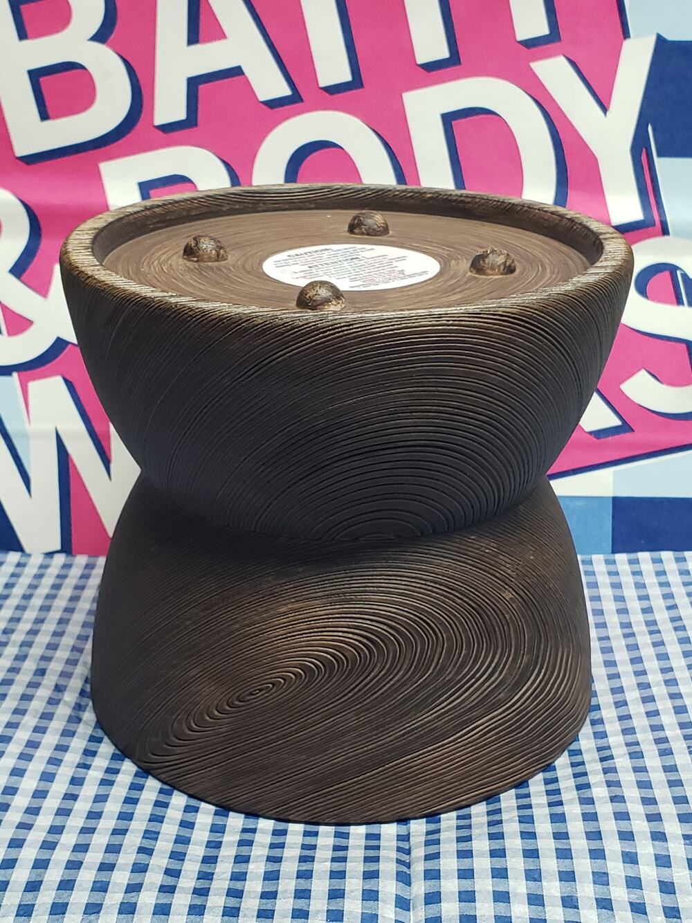 BBW Deep Brown Woodgrain Large 3 Wick Candle Holder Pedestal Home Decor